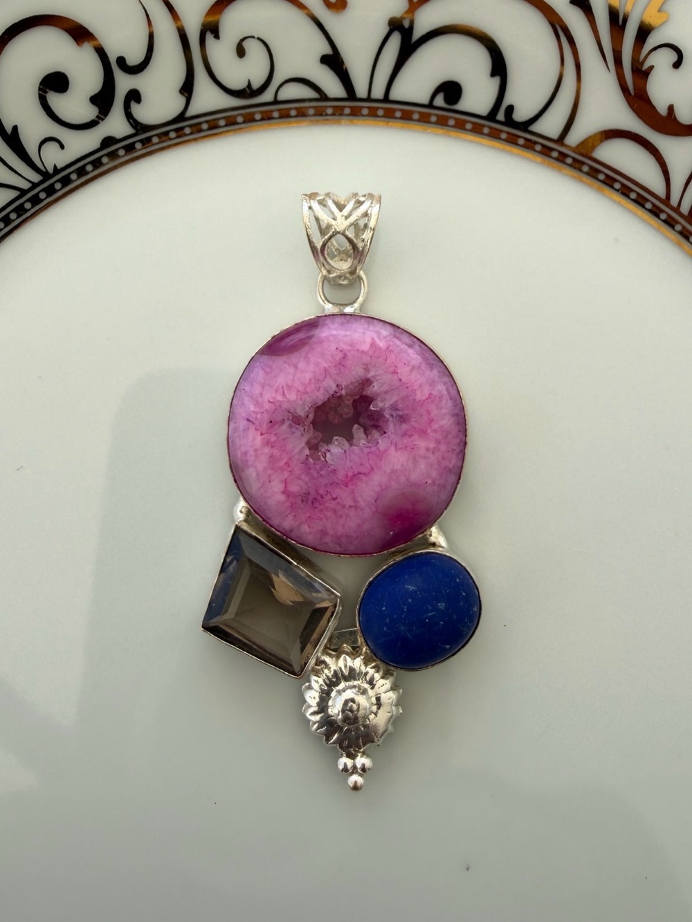 Pink Druzy, Lapis & Smoky Quartz 925 Sterling Silver Pendant